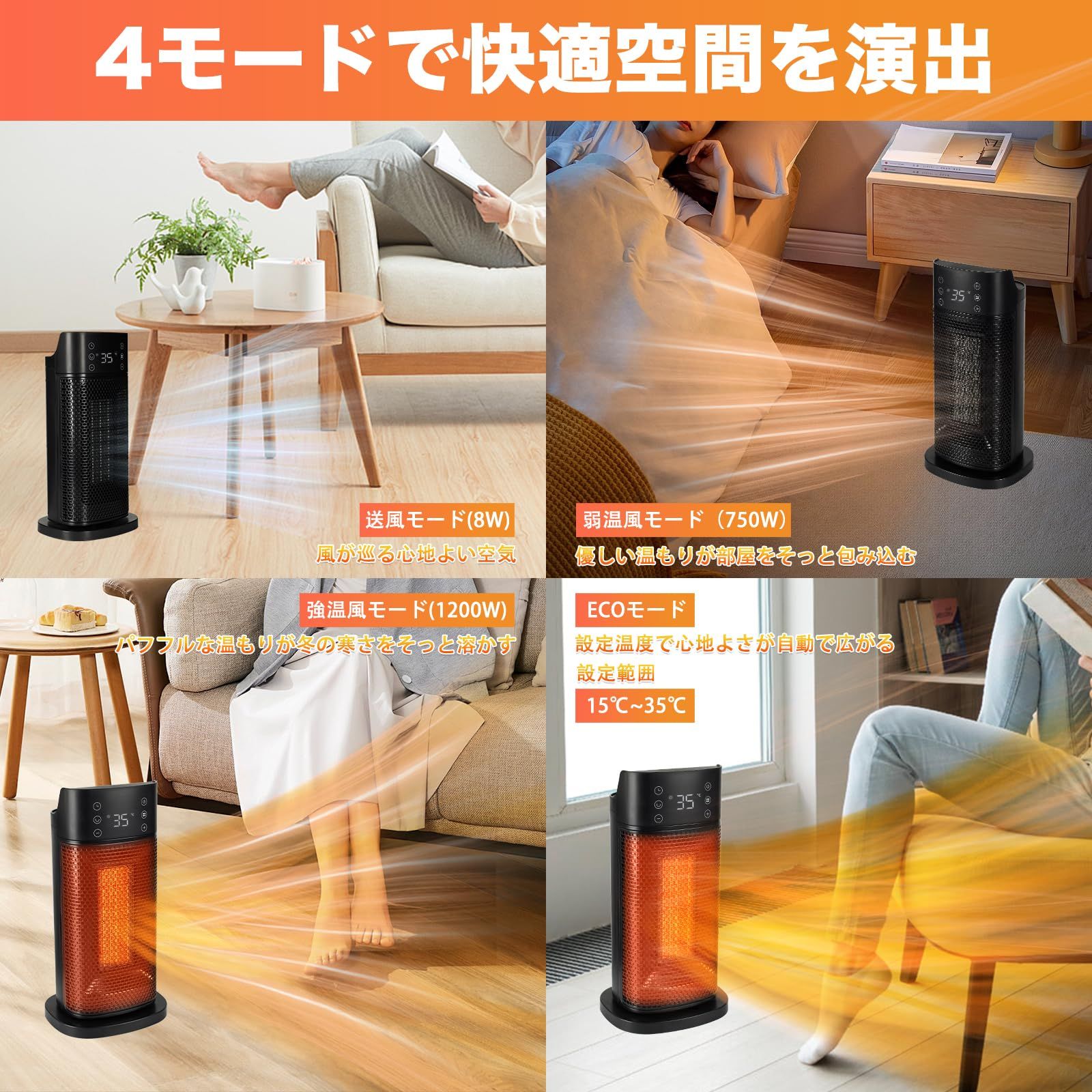 1200Wのパワフルな暖房能力を持つセラミックヒーター 1200Wのパワフル