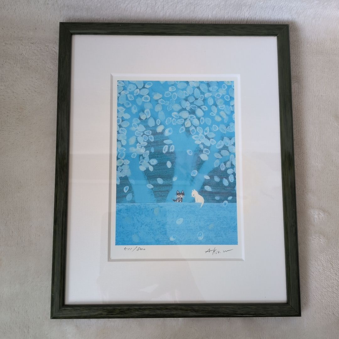 限定版800部 渡辺あきお ダイヤモンドスクリーン版画 猫2匹 サイン