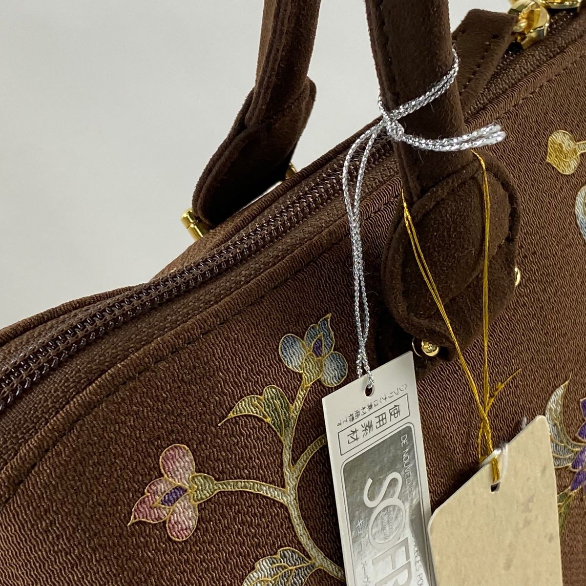 和装バッグ 美品 逸品 OKAJIMA 共箱付き 象 花唐草 金彩 茶色 正絹