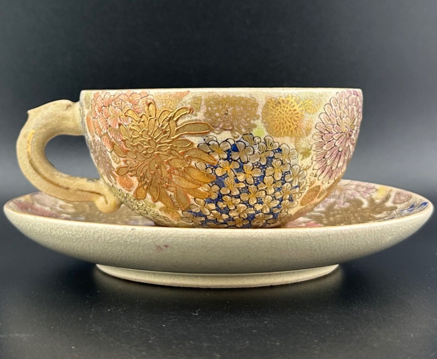 希少】明治期 京薩摩 薩摩焼 カップ＆ソーサー 金光山銘入り 百花繚乱