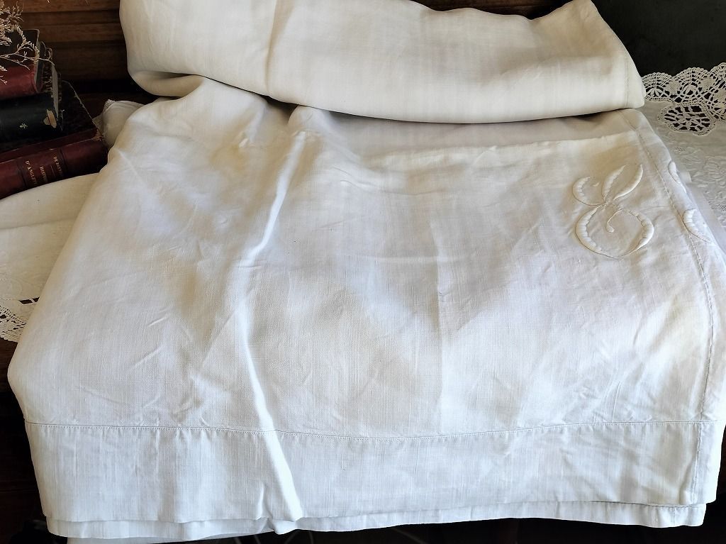 フランス アンティーク シーツ リネン モノグラムとドット フランス