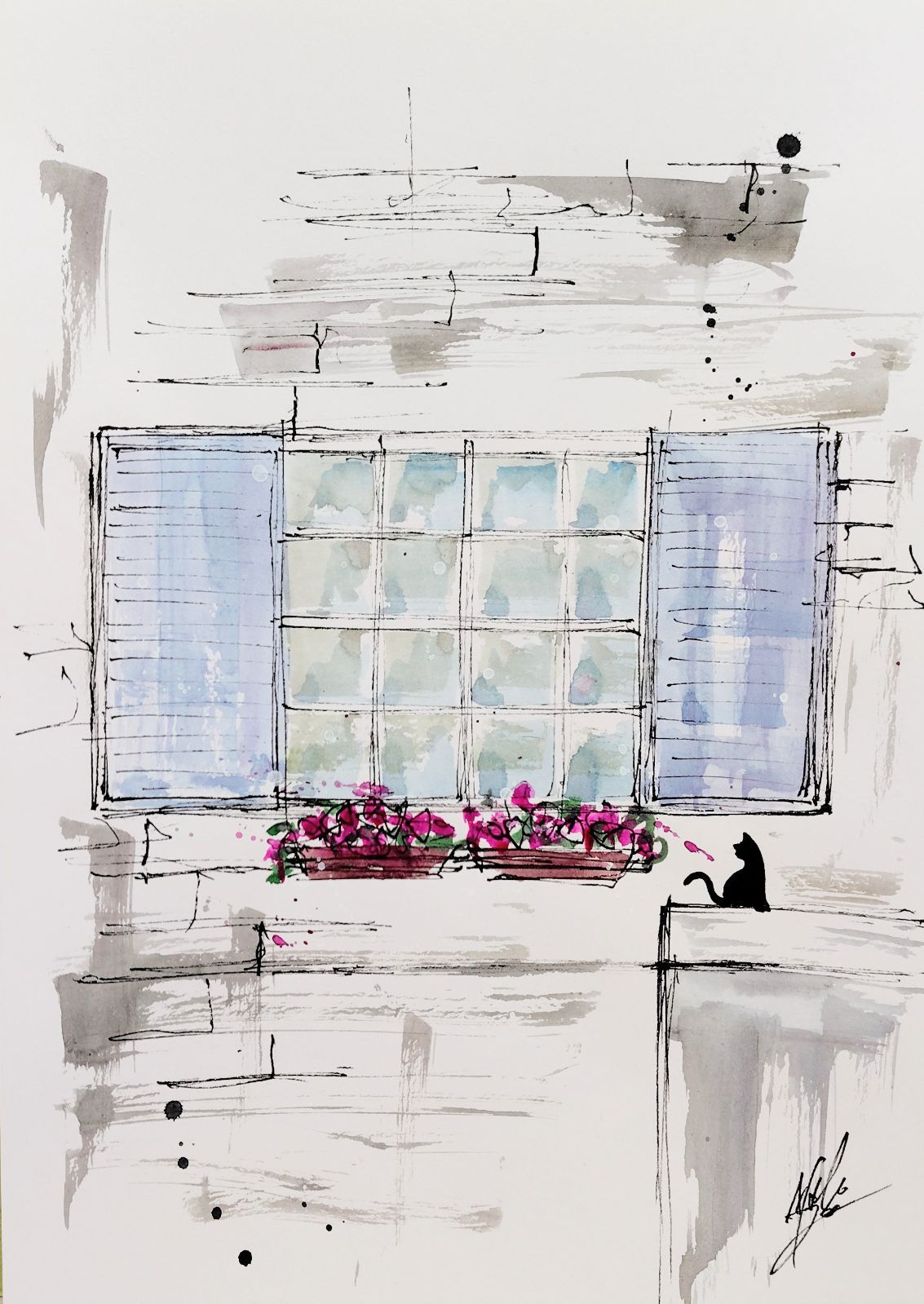 原画#328 黒猫 猫 窓 花 フランス 水彩画 ドローイング インテリア
