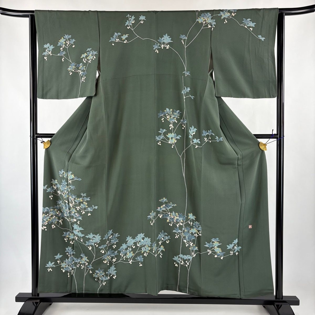 訪問着 身丈157cm 裄丈64cm M 袷 落款 枝花 灰緑 正絹 名品 【中古