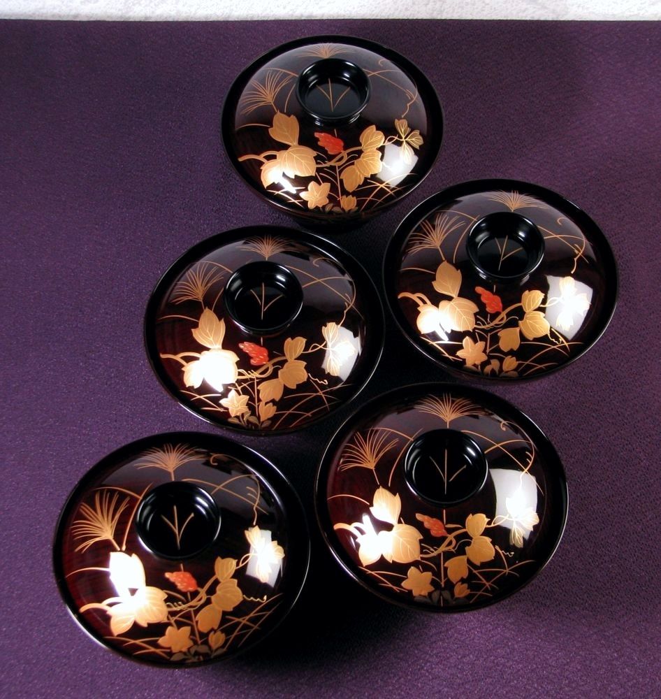 輪島塗 秋草蒔絵吸物椀5客 No2 幅：13cm 美品 共箱・共紙付/26b029