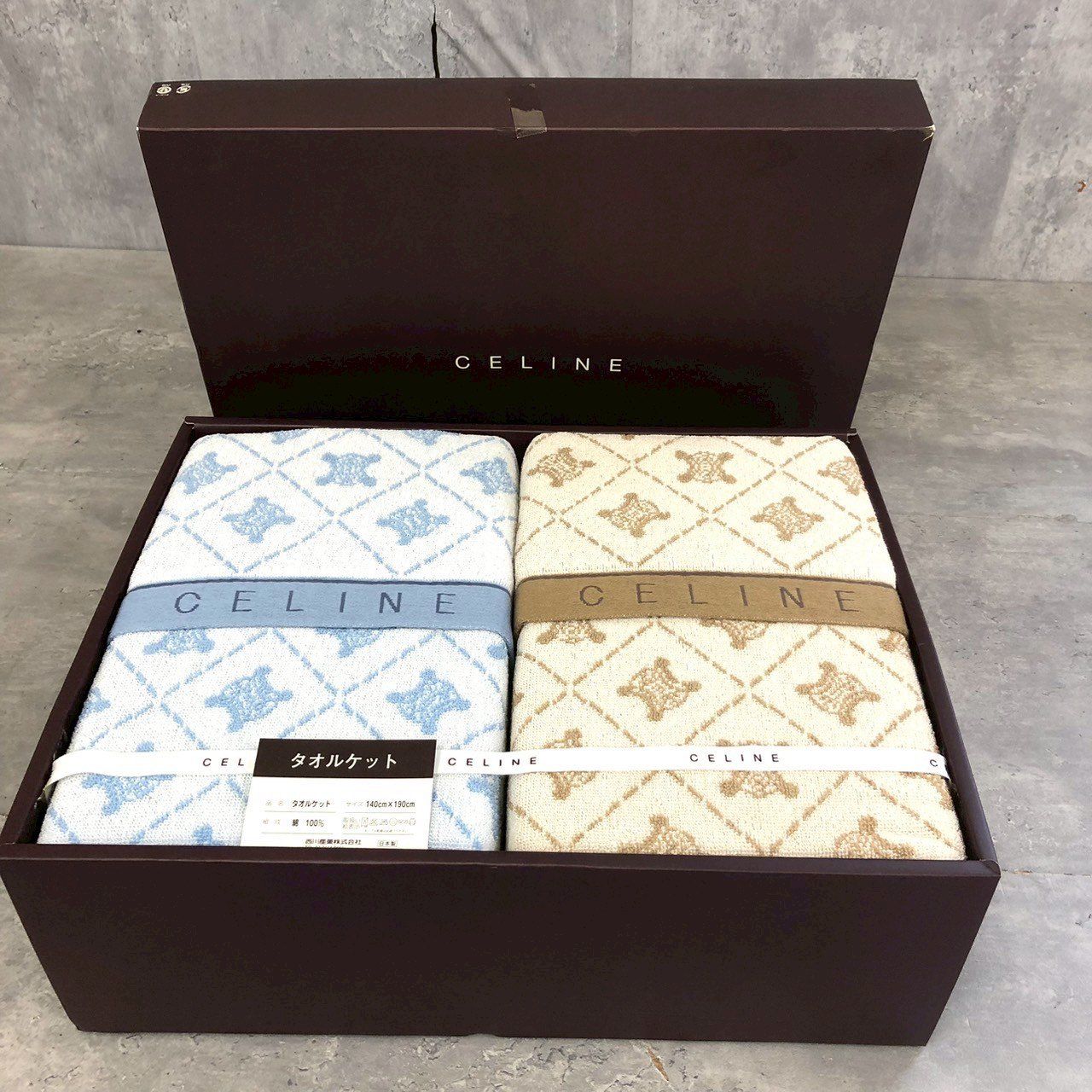 未使用保管品 CELINE CL2510(2P) タオルケット ベージュ ブルー