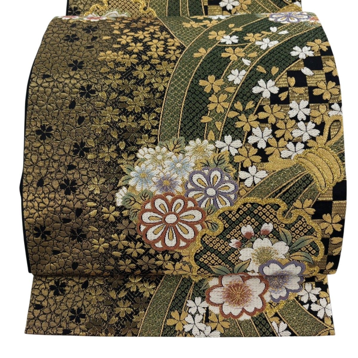 袋帯 秀品 振袖向き やまと 桜 雪輪 金糸 箔 金色 六通 正絹 【中古