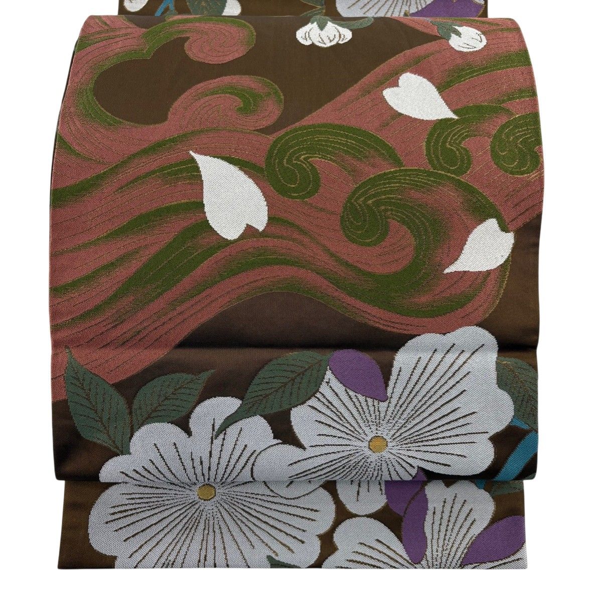 美品】 袋帯 逸品 辻村ジュサブロー 落款 草花 波頭 箔 茶色 六通 正絹