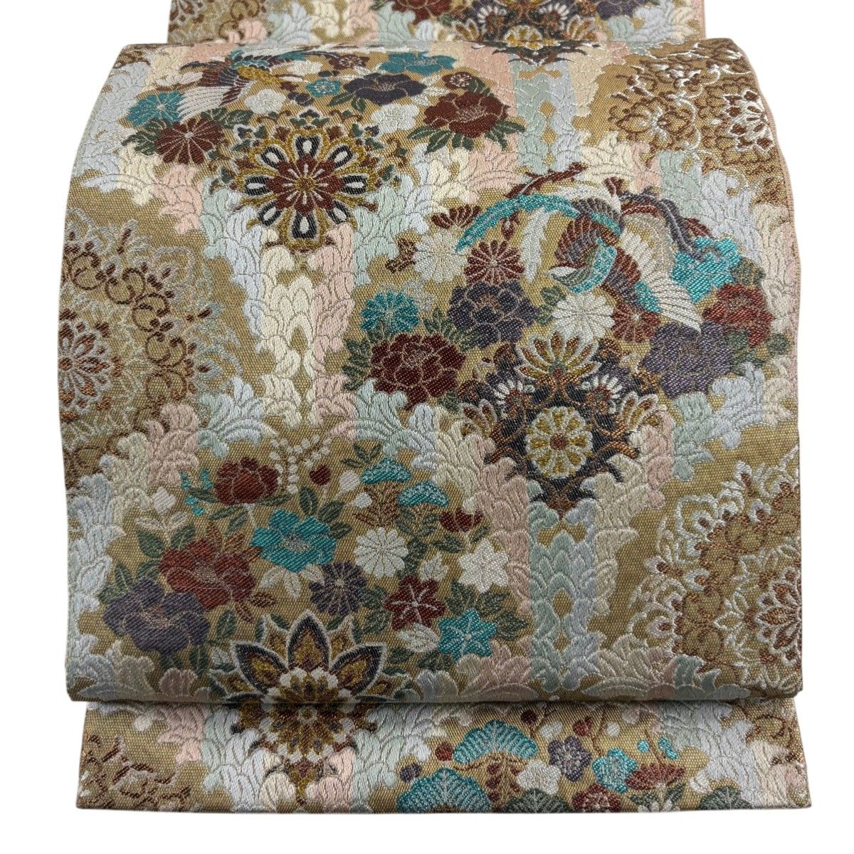 美品】 袋帯 秀品 錦繍織 華文 花鳥 銀糸 箔 金茶 六通 正絹 【中古