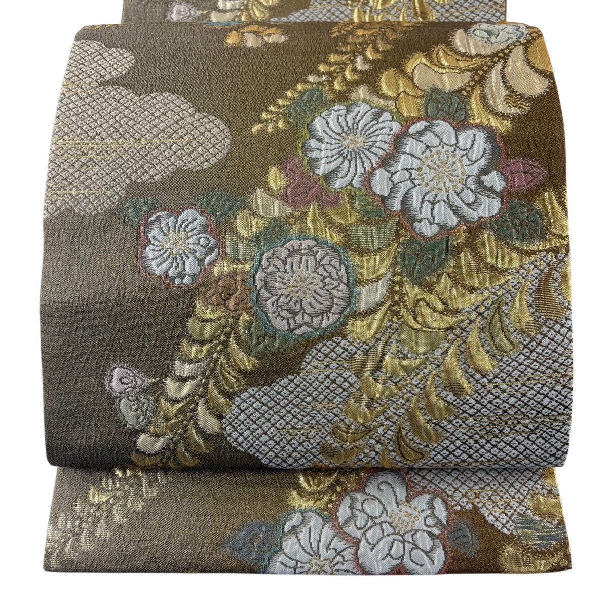 美品】 袋帯 秀品 辻が花 雲文 箔 金糸 茶色 六通 正絹 【中古