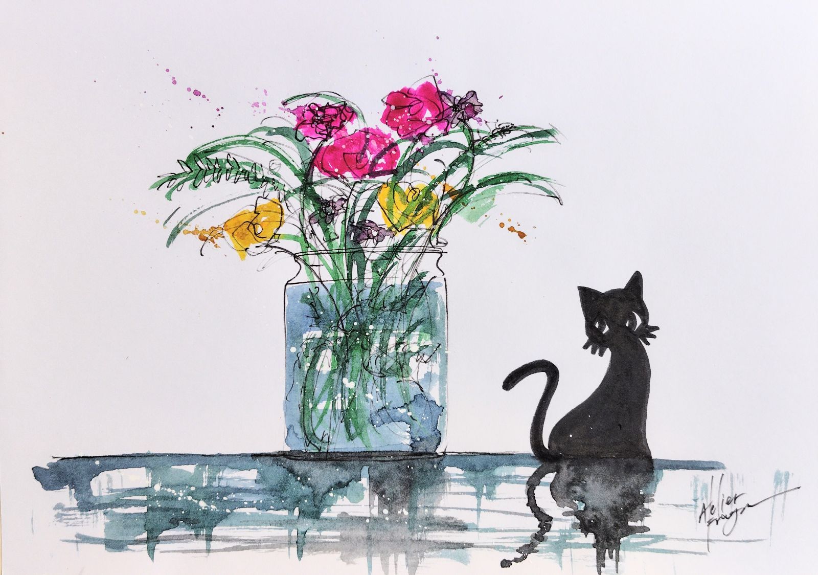 原画#376 黒猫 猫 薔薇 花 水彩画 ドローイング 絵 イラスト