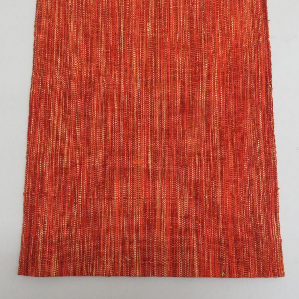 名古屋帯 正絹 紬 オレンジ色x黄色 縞模様 全通柄 着物帯 カジュアル