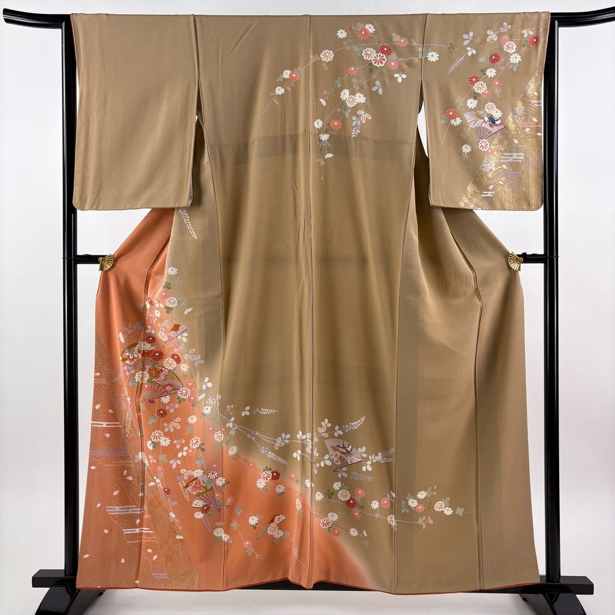 訪問着 身丈158cm 裄丈64cm M 袷 扇 草花 金銀彩 染め分け 薄オレンジ