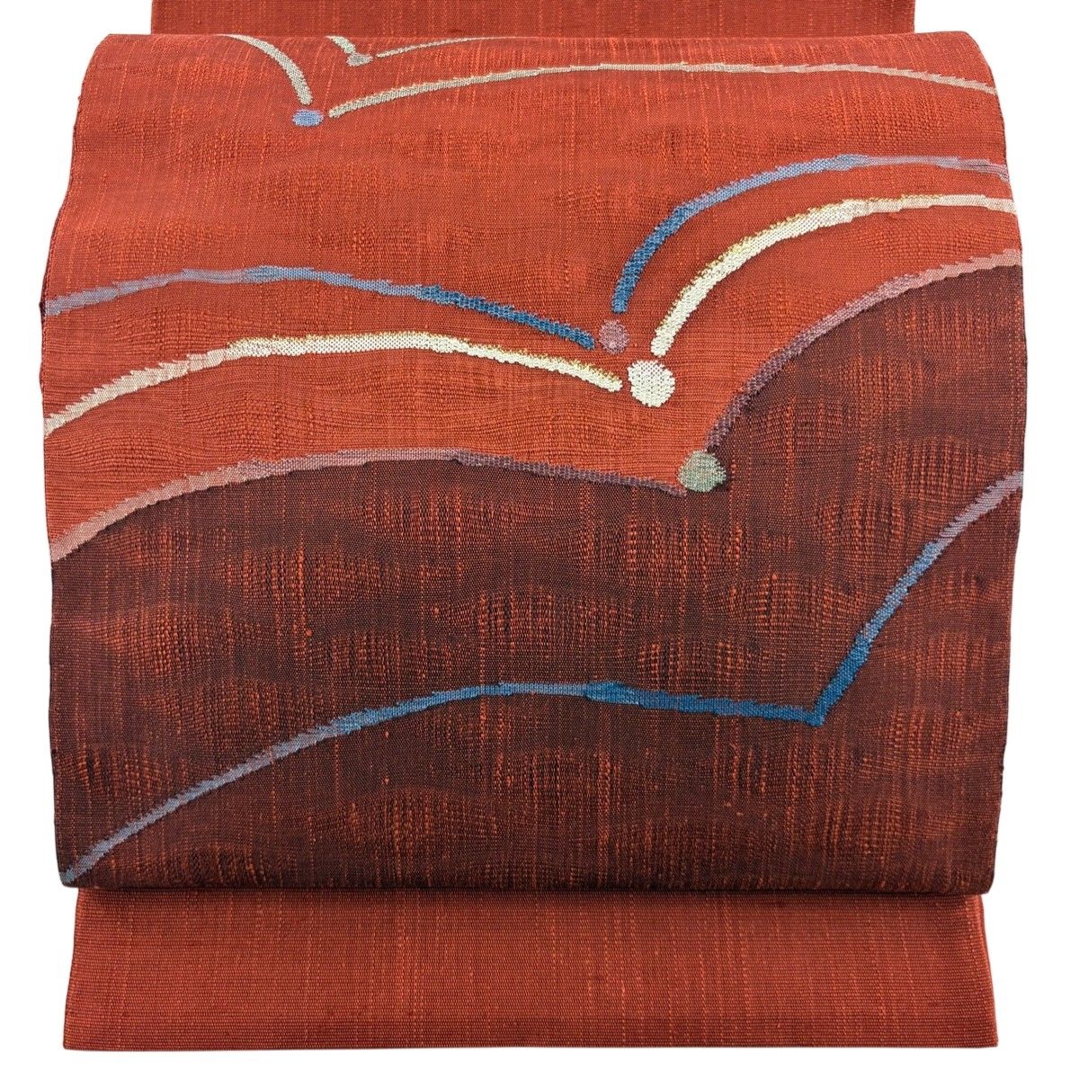 美品】 袋帯 秀品 紬地 幾何学模様 銀糸 箔 茜色 お太鼓柄 正絹 【中古