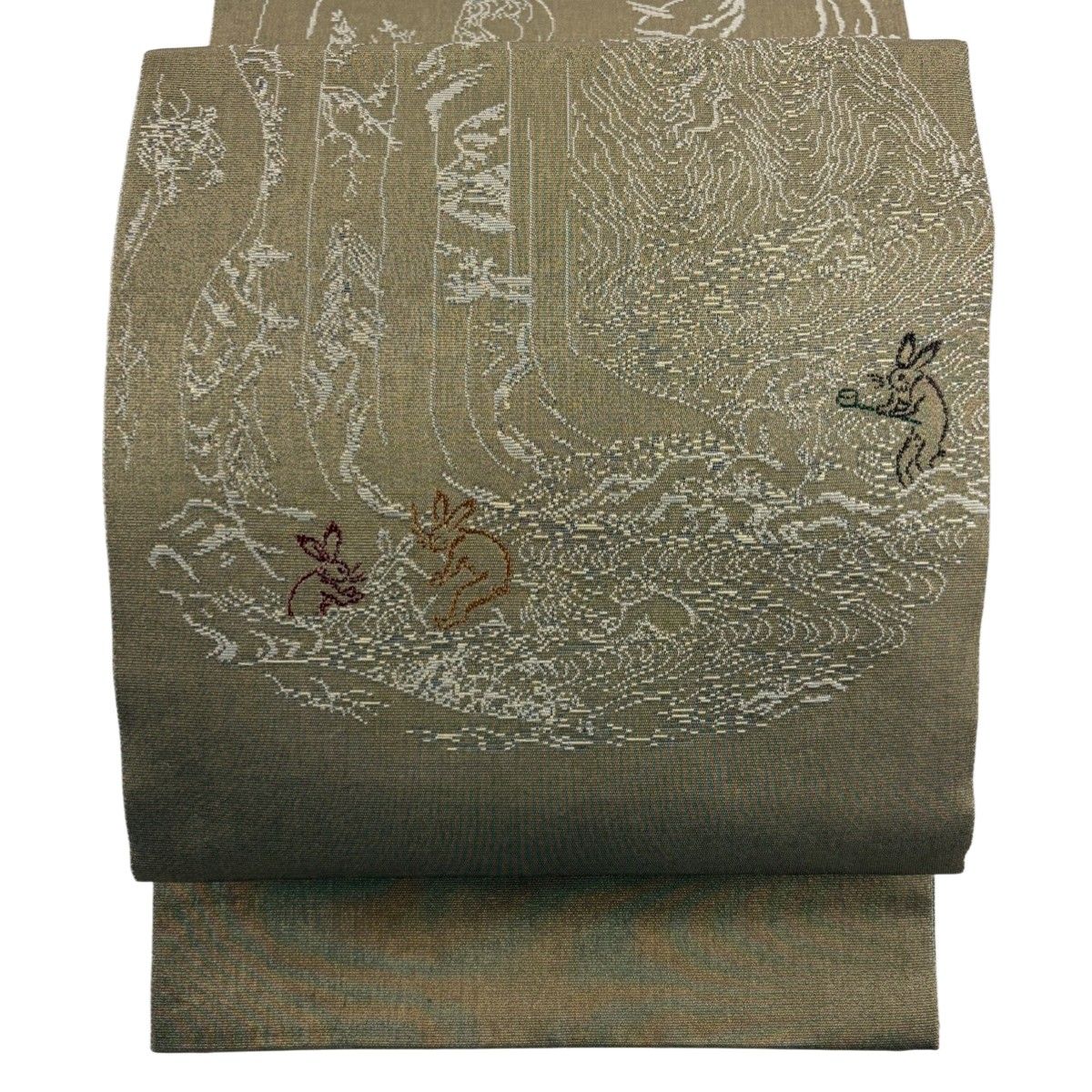 美品】 袋帯 名品 鳥獣戯画 金通し 灰茶 お太鼓柄 正絹 【中古
