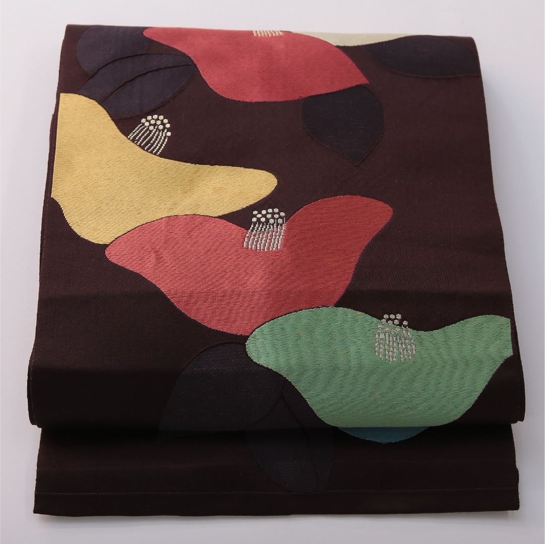 八寸名古屋帯 帯丈351cm カジュアル 松葉仕立て 六通 Cランク 正絹 椿