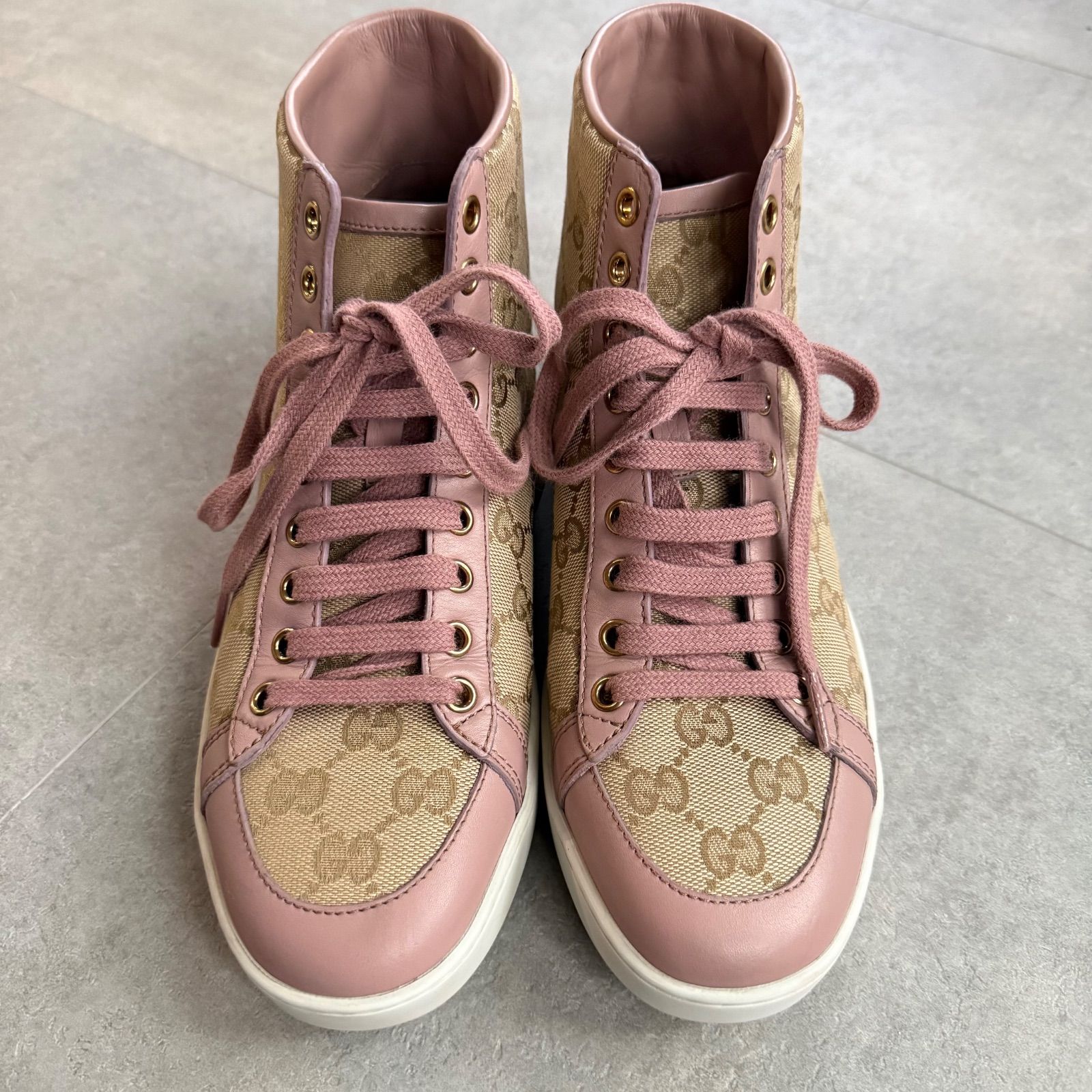 美品 GUCCI グッチ GGキャンバス ハイカットスニーカー ピンク レザー