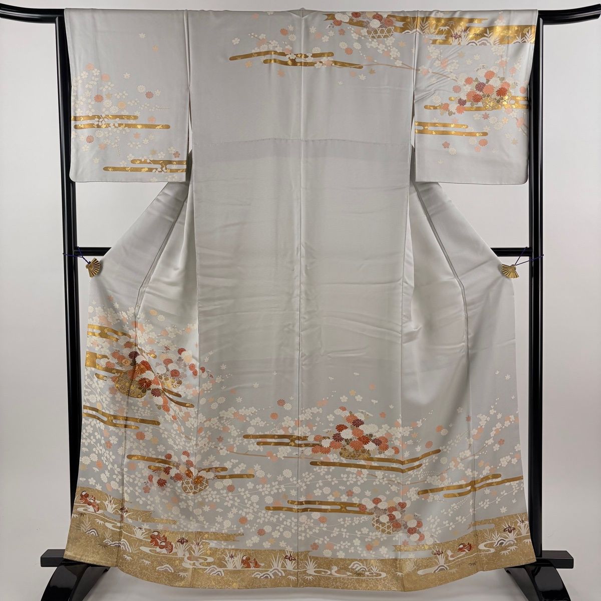 訪問着 身丈164cm 裄丈65cm M 袷 花籠 枝梅 金糸 金彩 灰色 正絹 秀品