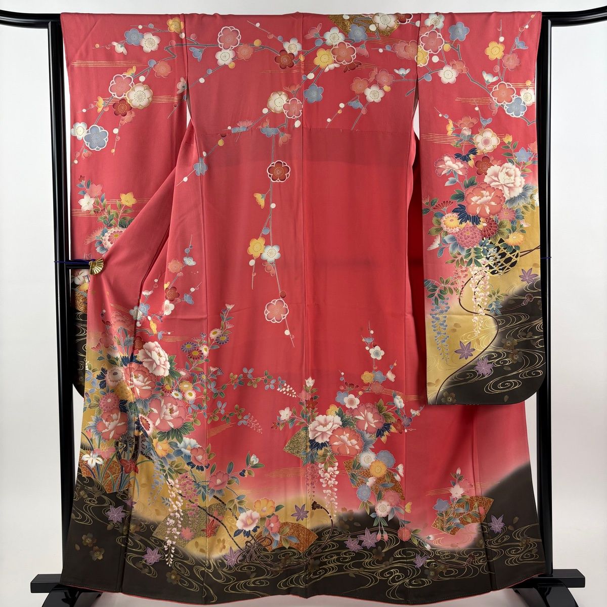振袖 身丈162cm 裄丈64cm M 袷 花車 牡丹 金糸 金彩 ピンク 正絹 秀品