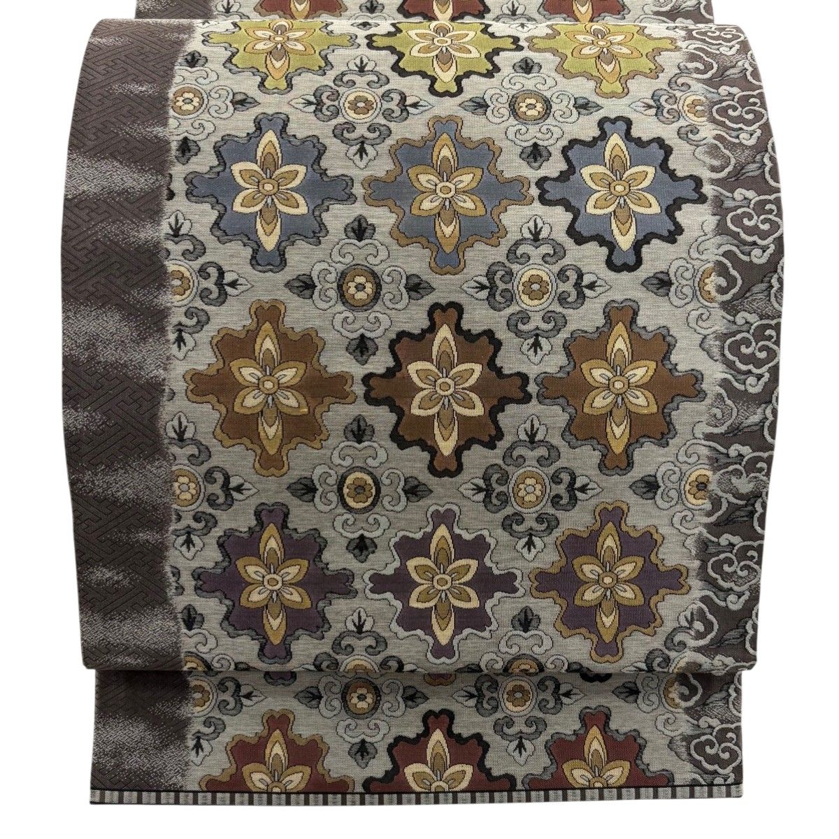 美品】 袋帯 名品 リバーシブル 手先二通り 花唐草 名物裂 灰色 全通