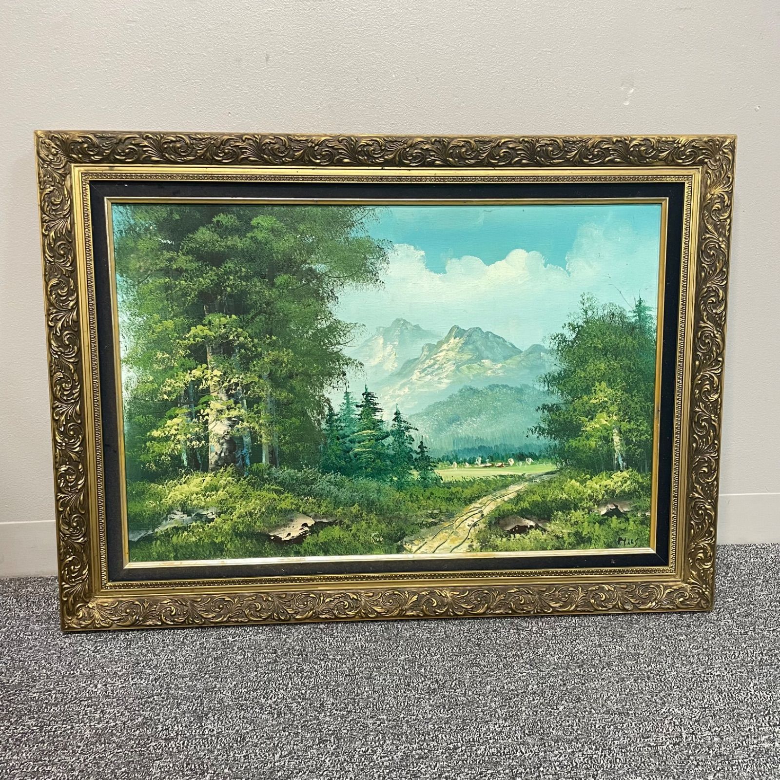 油絵 菅家令子 絵 絵画インテリア額付(青緑＋金色の枠)uF6-010511女性