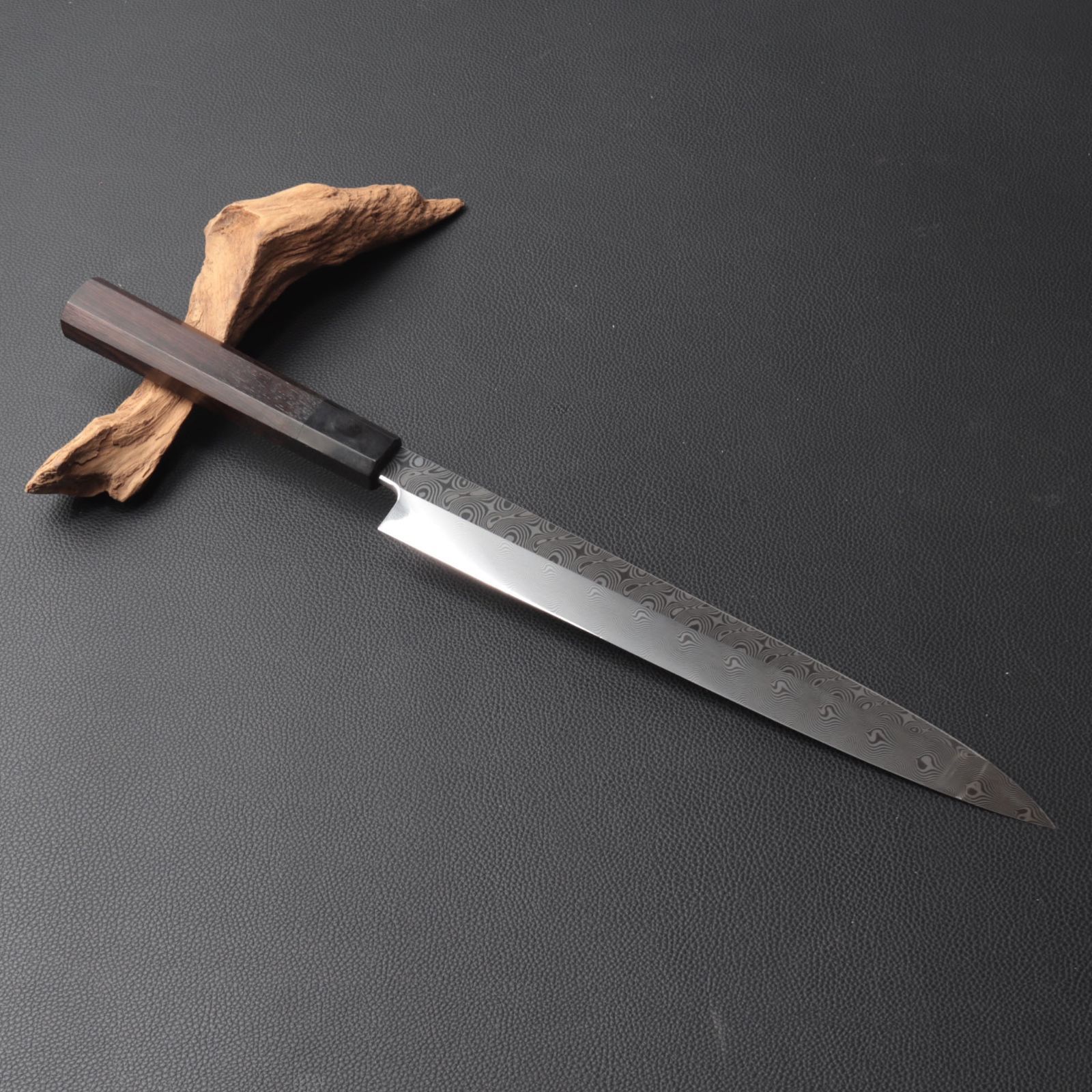 鞘付き】尺300mm 墨流しダマスカス 柳刃包丁 黒檀本牛八角柄刺身 和