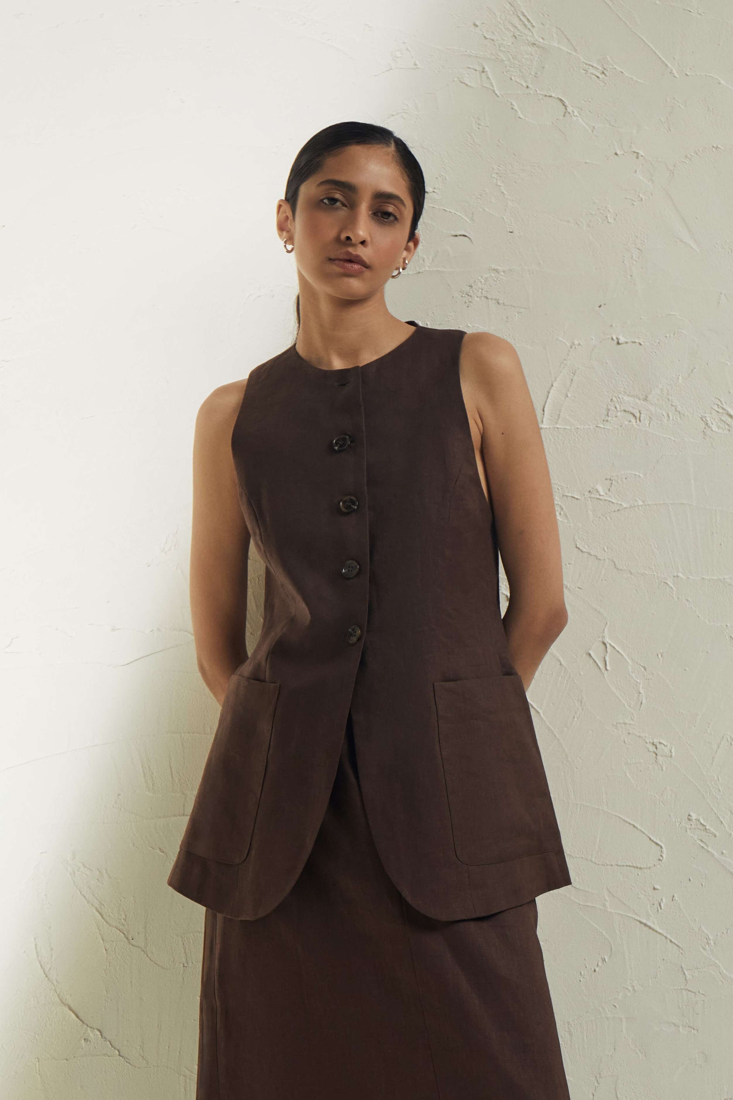 Hemp High Neck Vest with Button Closures and Back Tie - Chocolate
