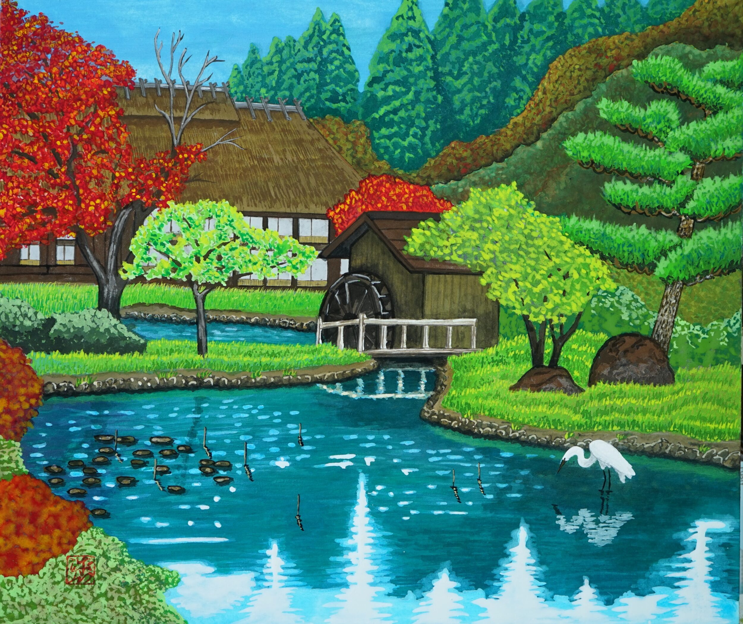 幅137×高さ77 自然の風景 水車小屋 絵画 アウトレット特価品 お買い得