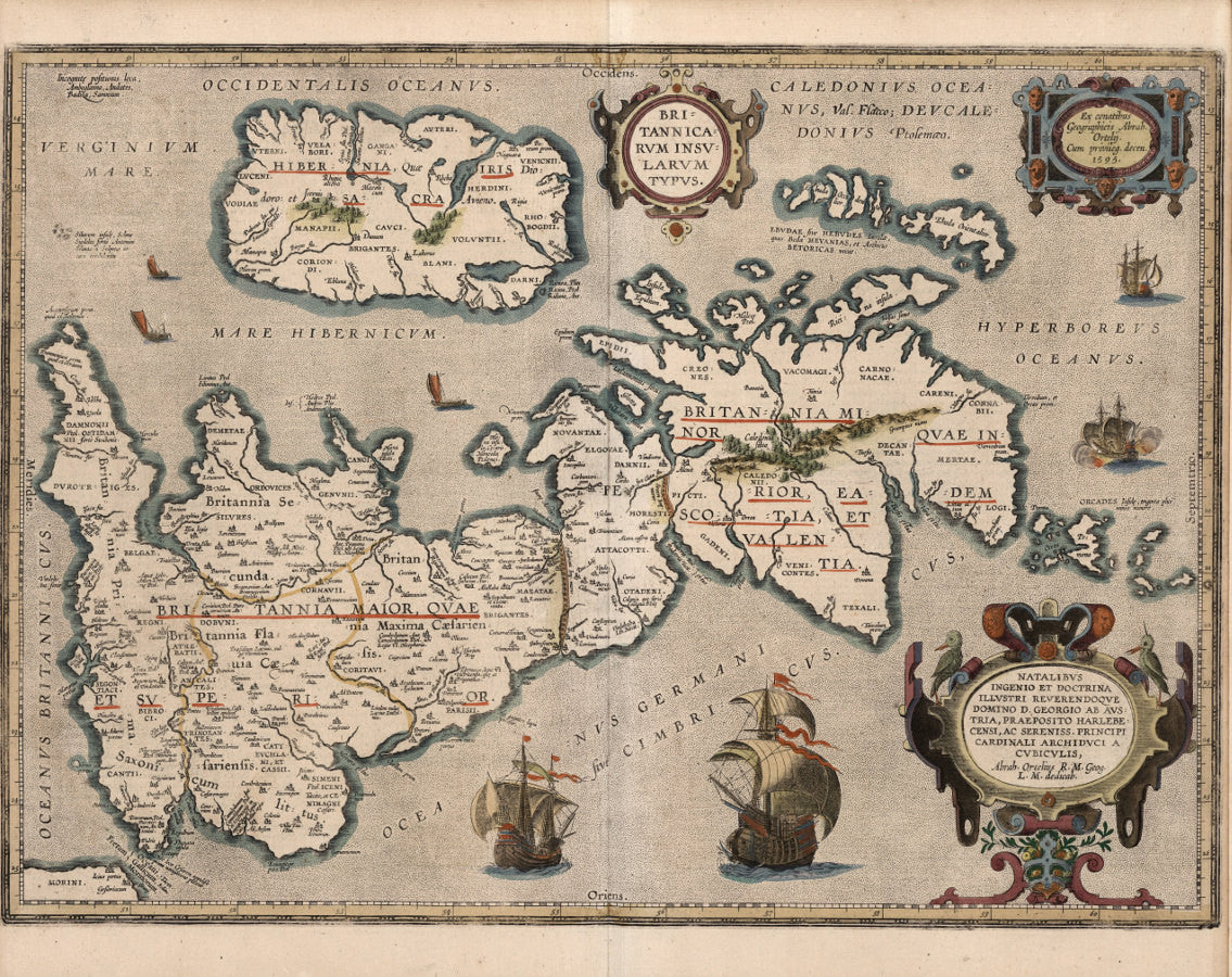 Old Color Map of British Isles, 17th Century Map, Fine Art Print