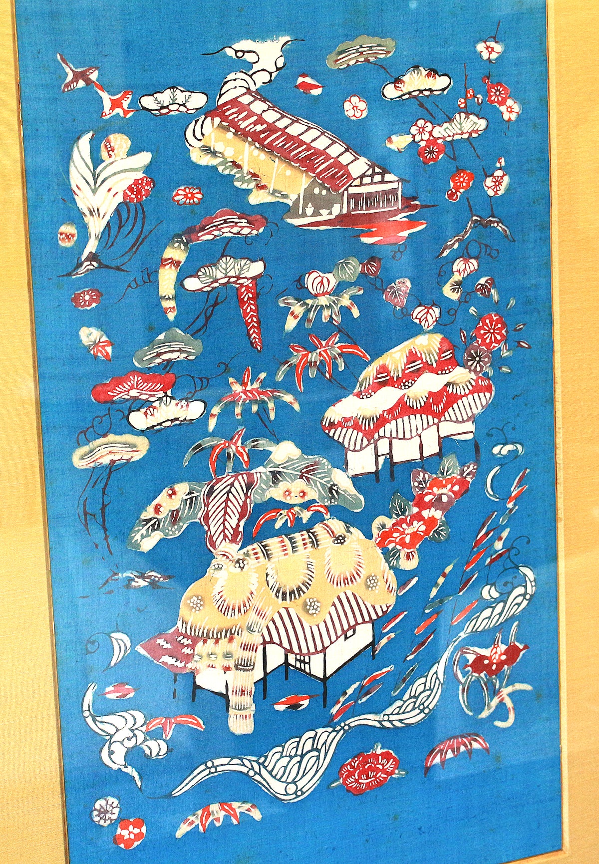 25897 人間国宝 芹沢銈介 苗代川窯場文藍地紬裂（型絵染・布・1955年