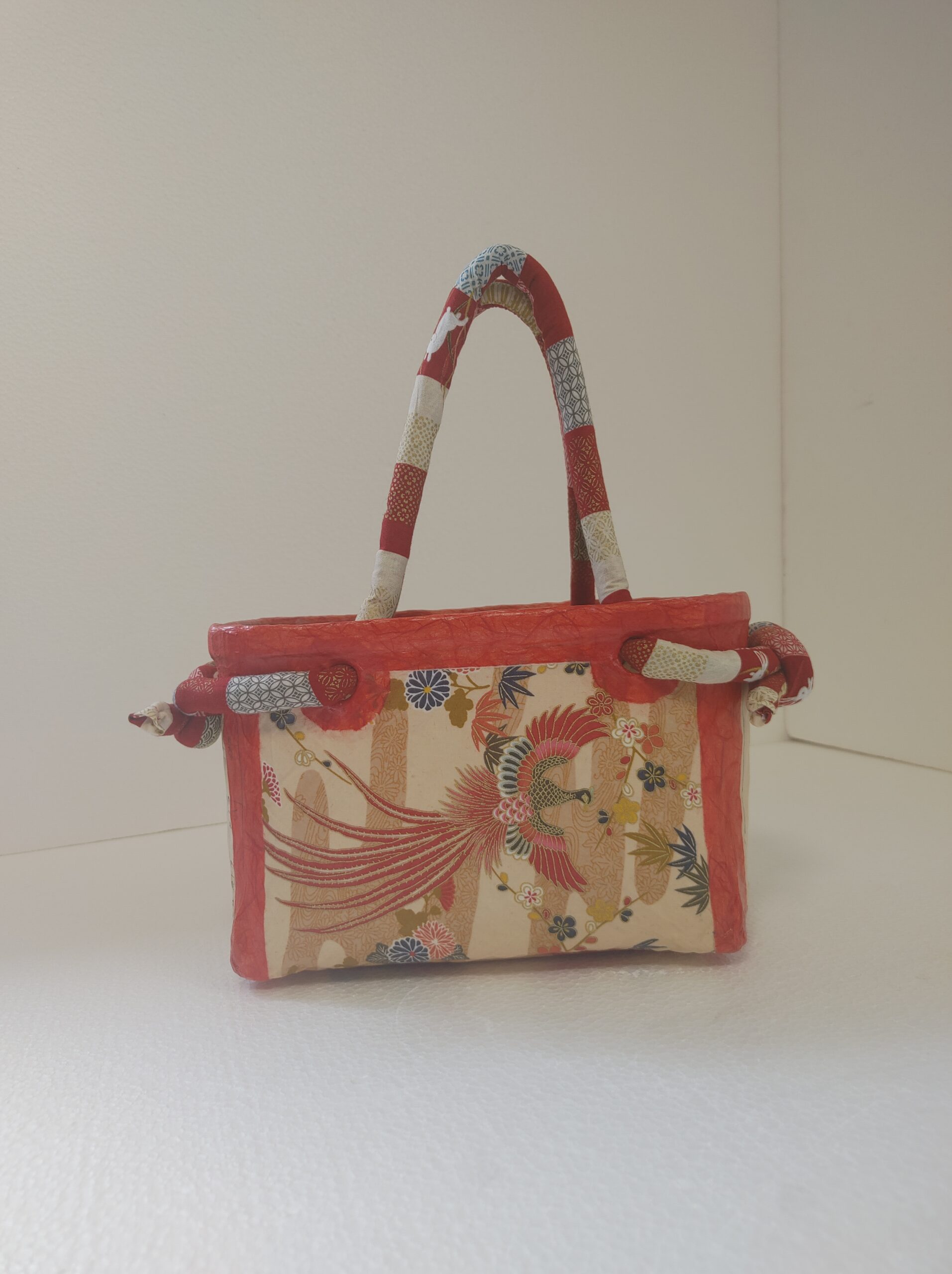 No.51 一閑張り カゴバッグ 鳳凰 ベージュ地 江戸時代古文書、明治時代