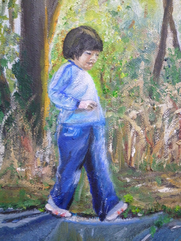 マッキーさんの人物のいる風景油彩画in谷戸山公園 F12