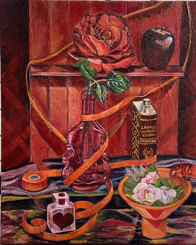 絵画 油絵 作者不詳 肉筆油絵 静物画 赤い薔薇 絵画 油絵 作者不詳