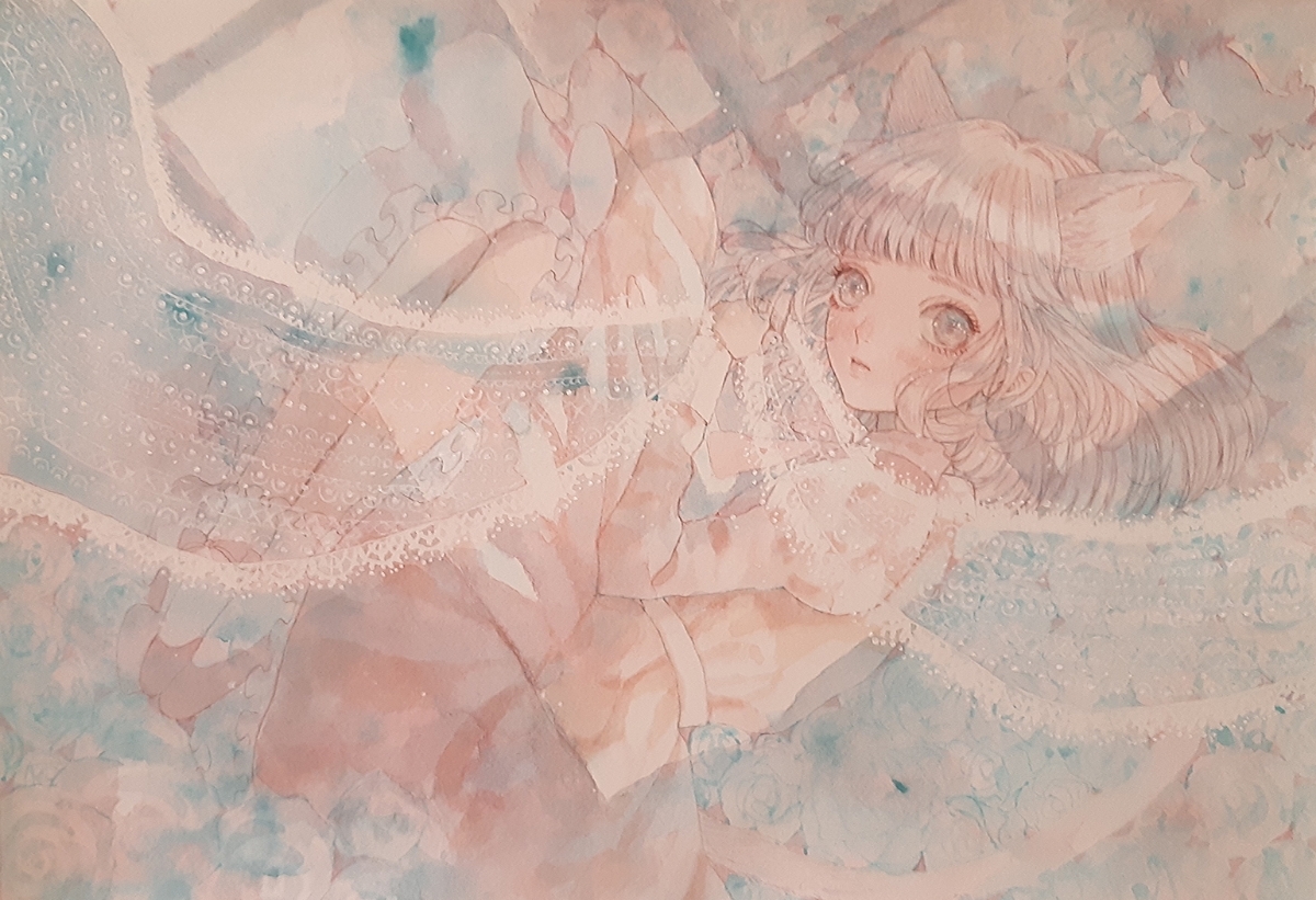 手描き イラスト オリジナル 女の子 透明水彩 アナログ 原画 一点物