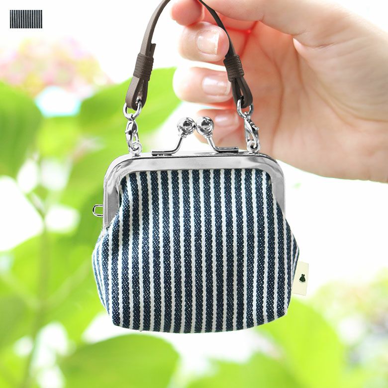 在庫商品】革ヒモ付き手提げがま口財布（小）【綿布・ヒッコリー】 [M