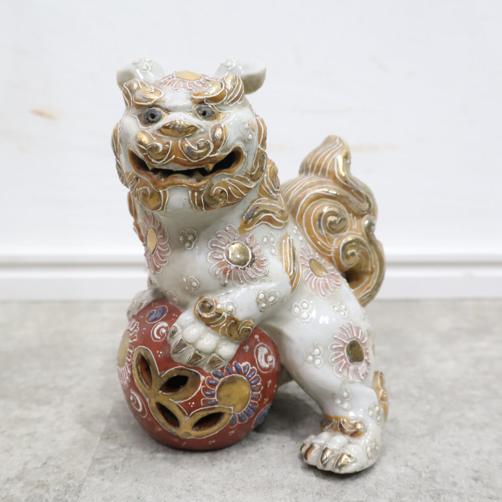 九谷焼 打ち出小槌唐獅子 狛犬 色絵金彩 縁起物 厄除 退魔 置物 高さ