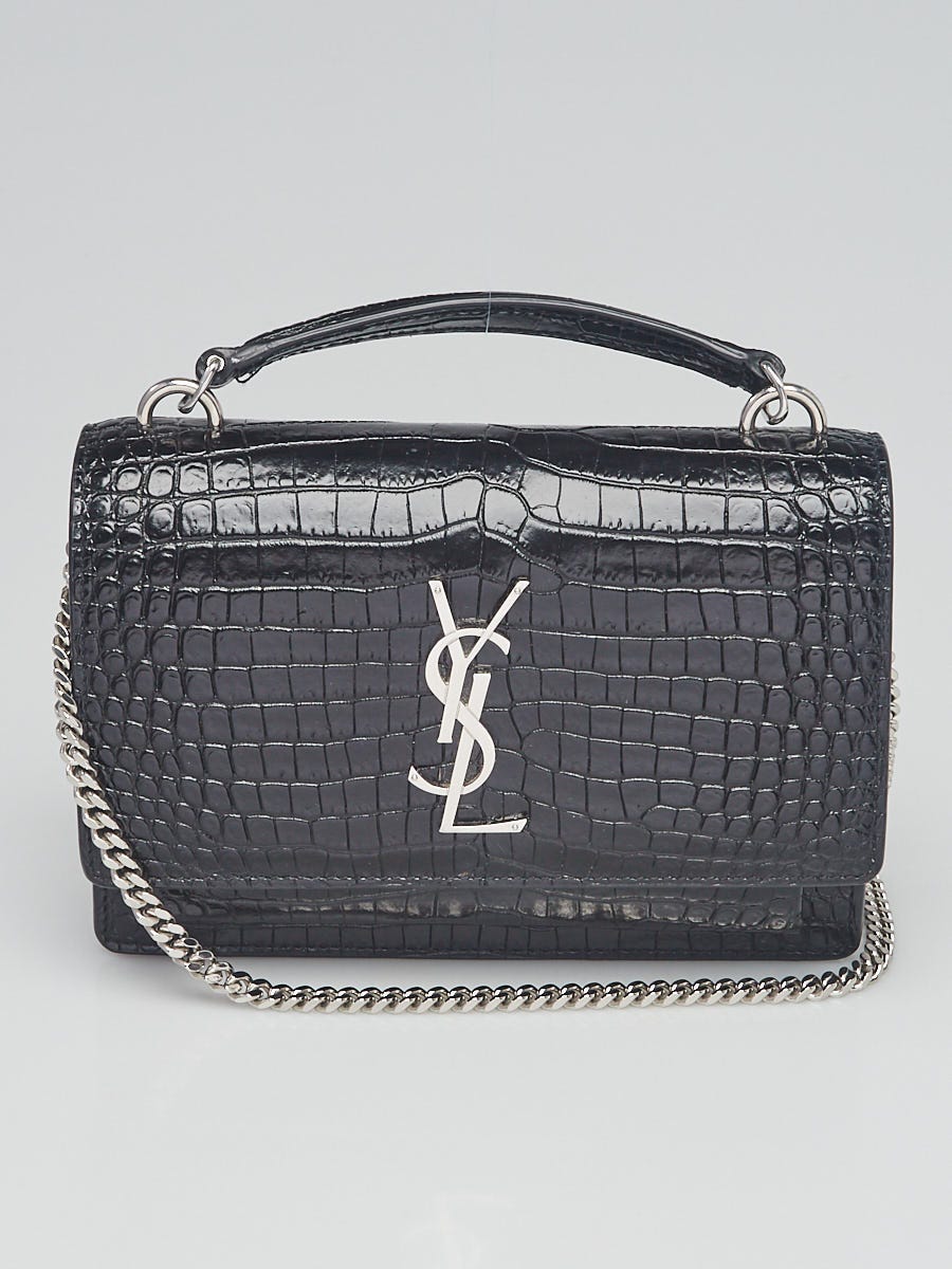 Yves Saint Laurent Black Crocodile Embossed Leather Sunset Top