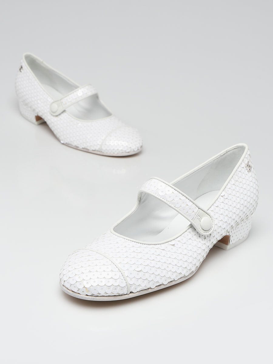 Chanel White Sequin Mary Jane Flats Size 5.5/36 | Yoogi's Closet
