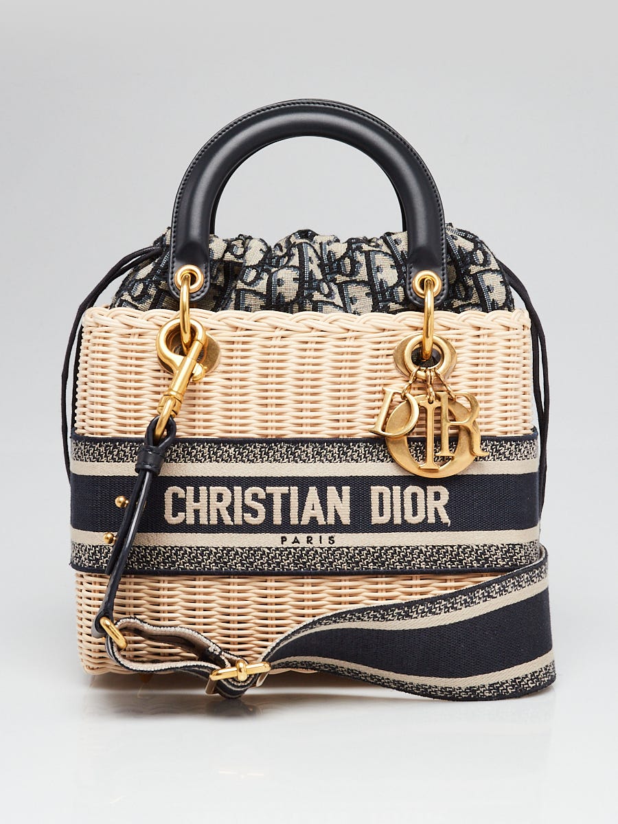 Christian Dior Natural Wicker/Blue Oblique Canvas Medium Lady Dior