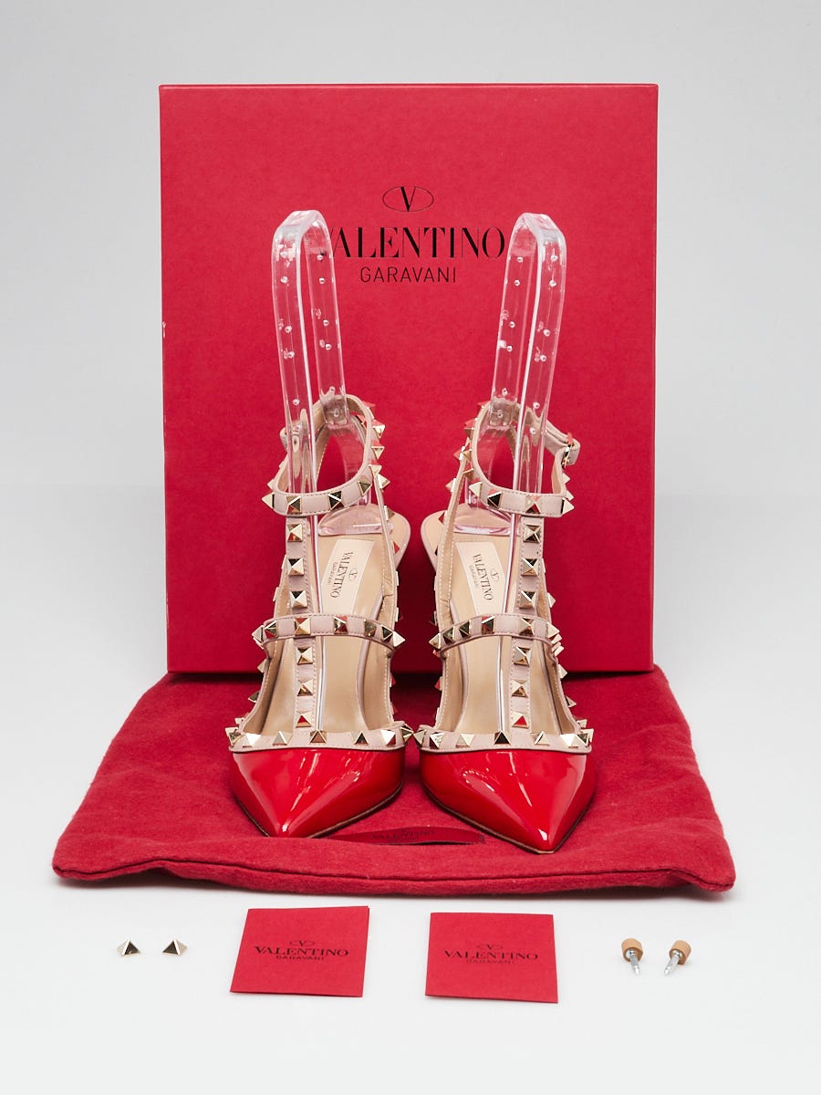 Valentino Red Patent Leather Rockstud T-Strap Heels Size 8/38.5