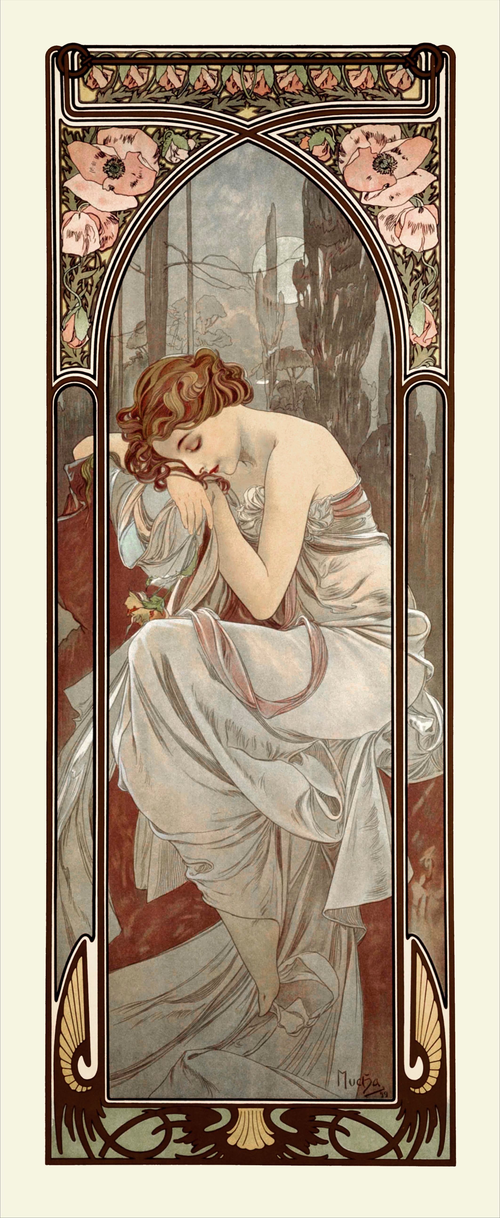 ミュシャ『四つの時の流れ:夜の安らぎ』 リトグラフ・送料無料・新品