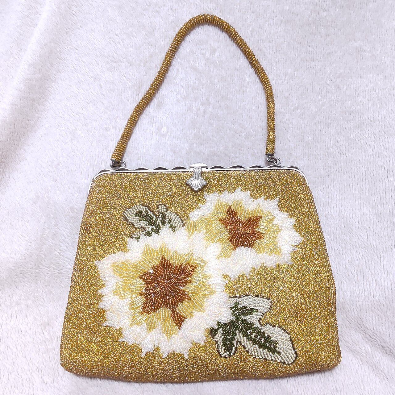 ビーズバッグ ハンドバッグ 和装 総ビーズ 白 ピンク 花柄 がま口 | Pay ID