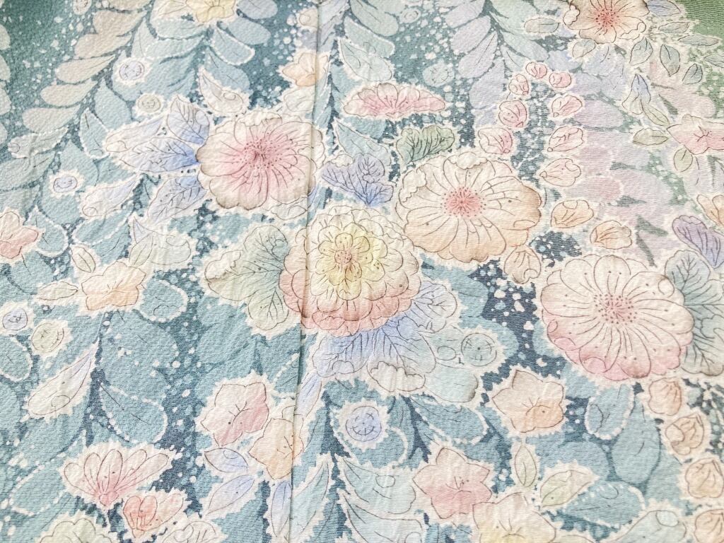 辻が花 絞り 染め分け 訪問着 袷 正絹 黄緑 青緑 パステルカラー 1280