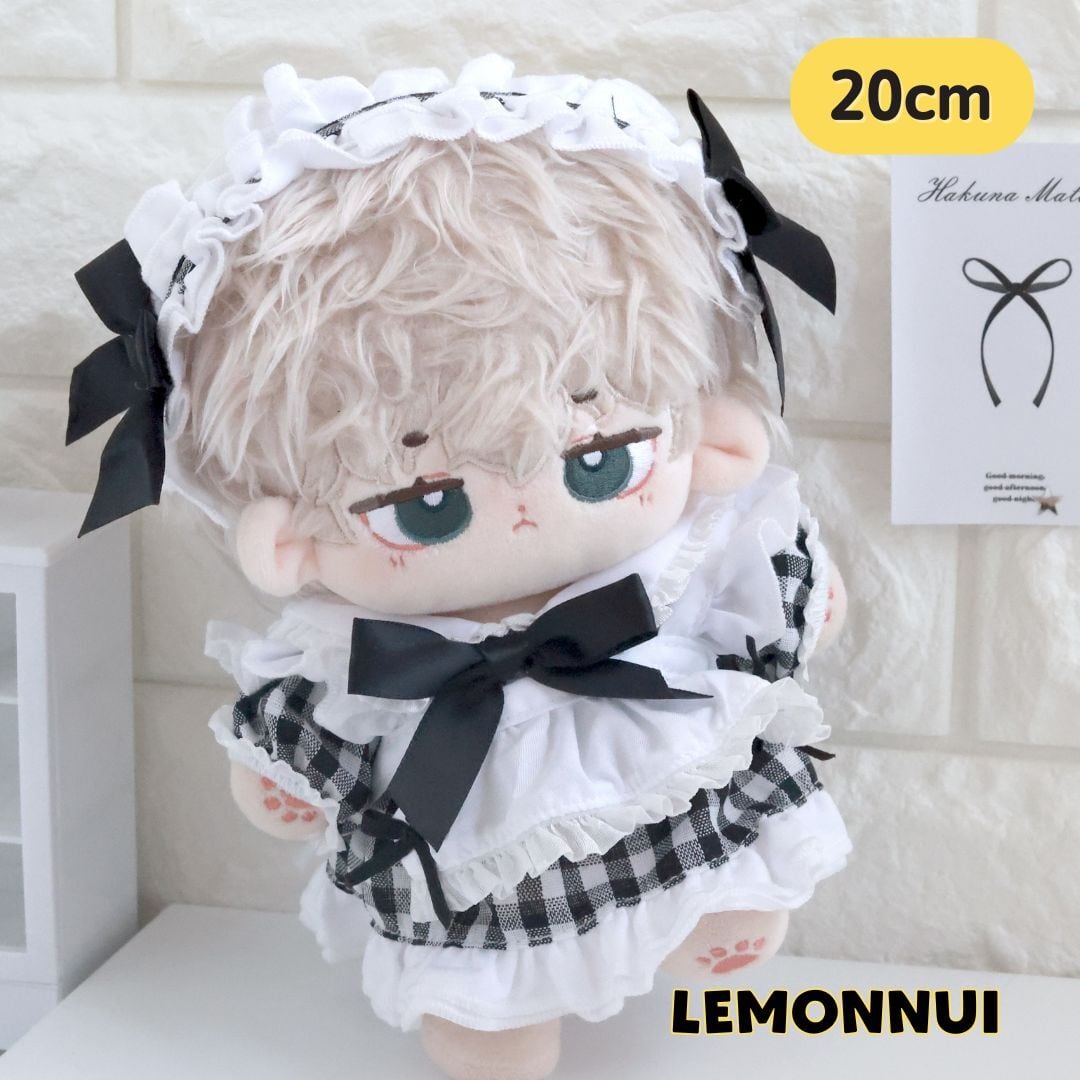 20cm 着せ替え ぬいぐるみ服 メイド服 ドレス チェック リボン