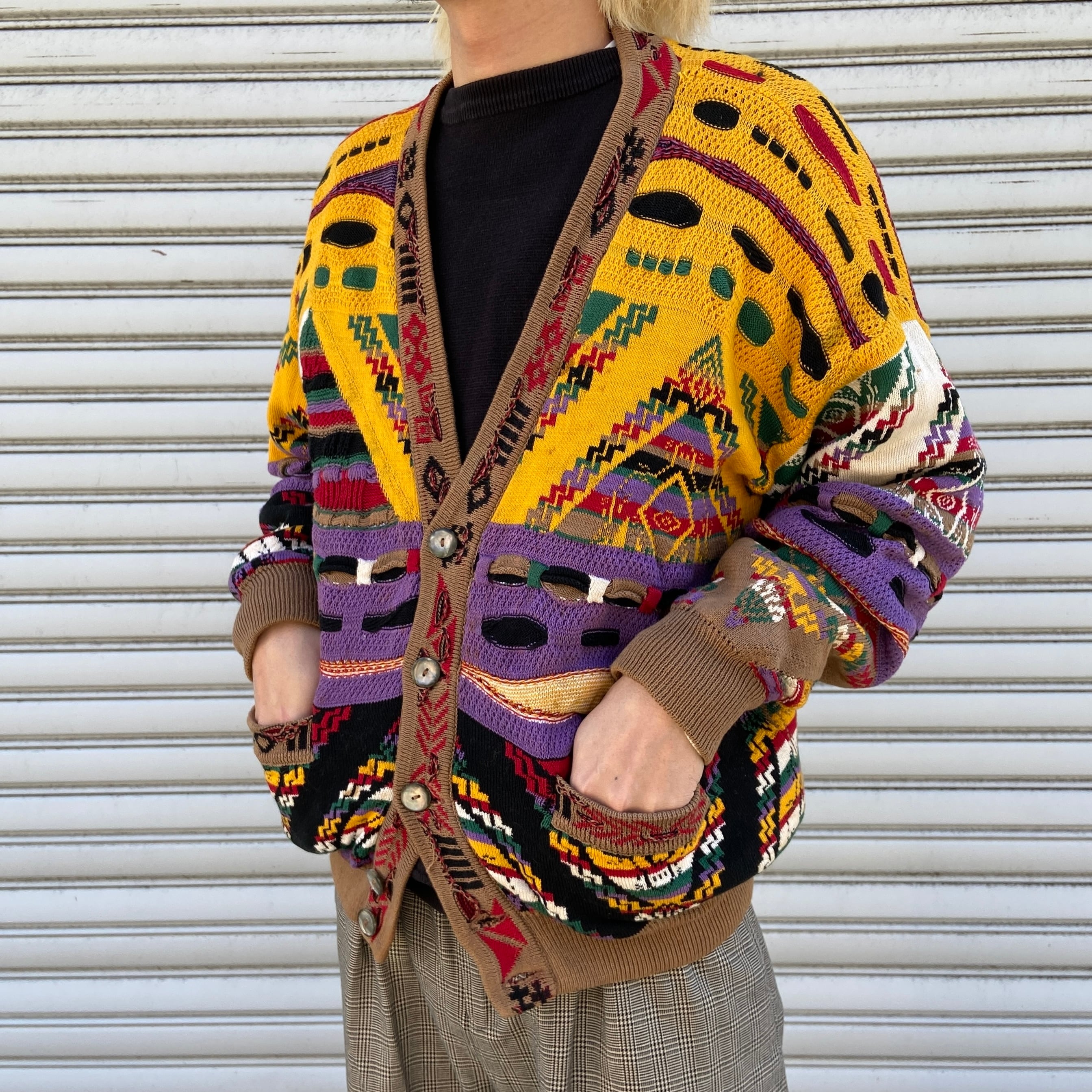 90s COOGI クージー 3Dニットカーディガン 総柄ニット 黄色 M | 古着屋 Uan