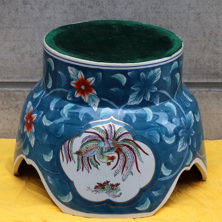 古許窯・菊水・花鳥図・飾り壺・蓋付・台付・No.200708-219・梱包