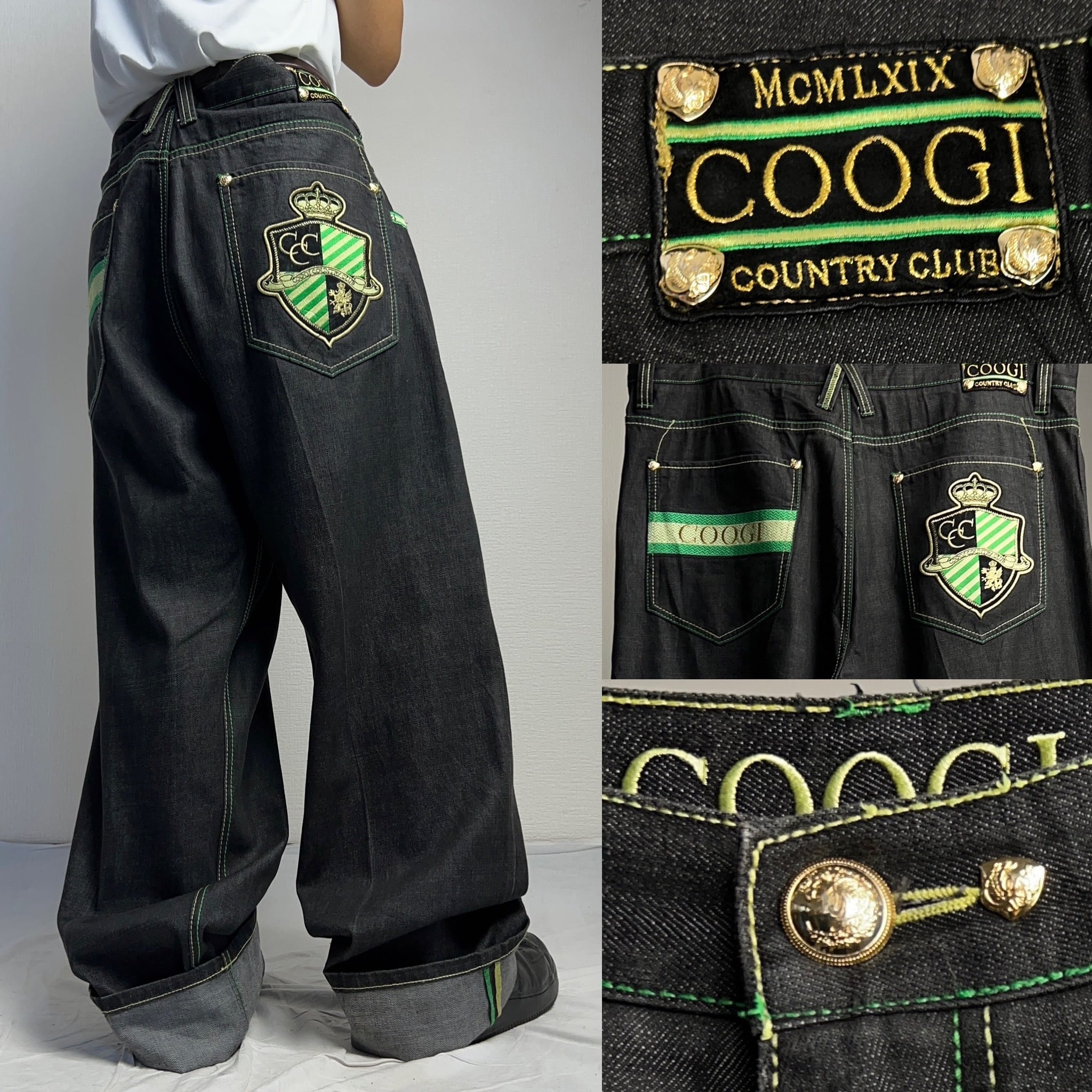 COOGI” BLACK DENIM WIDE PANTS W44 クージー ワイド ブラックデニム