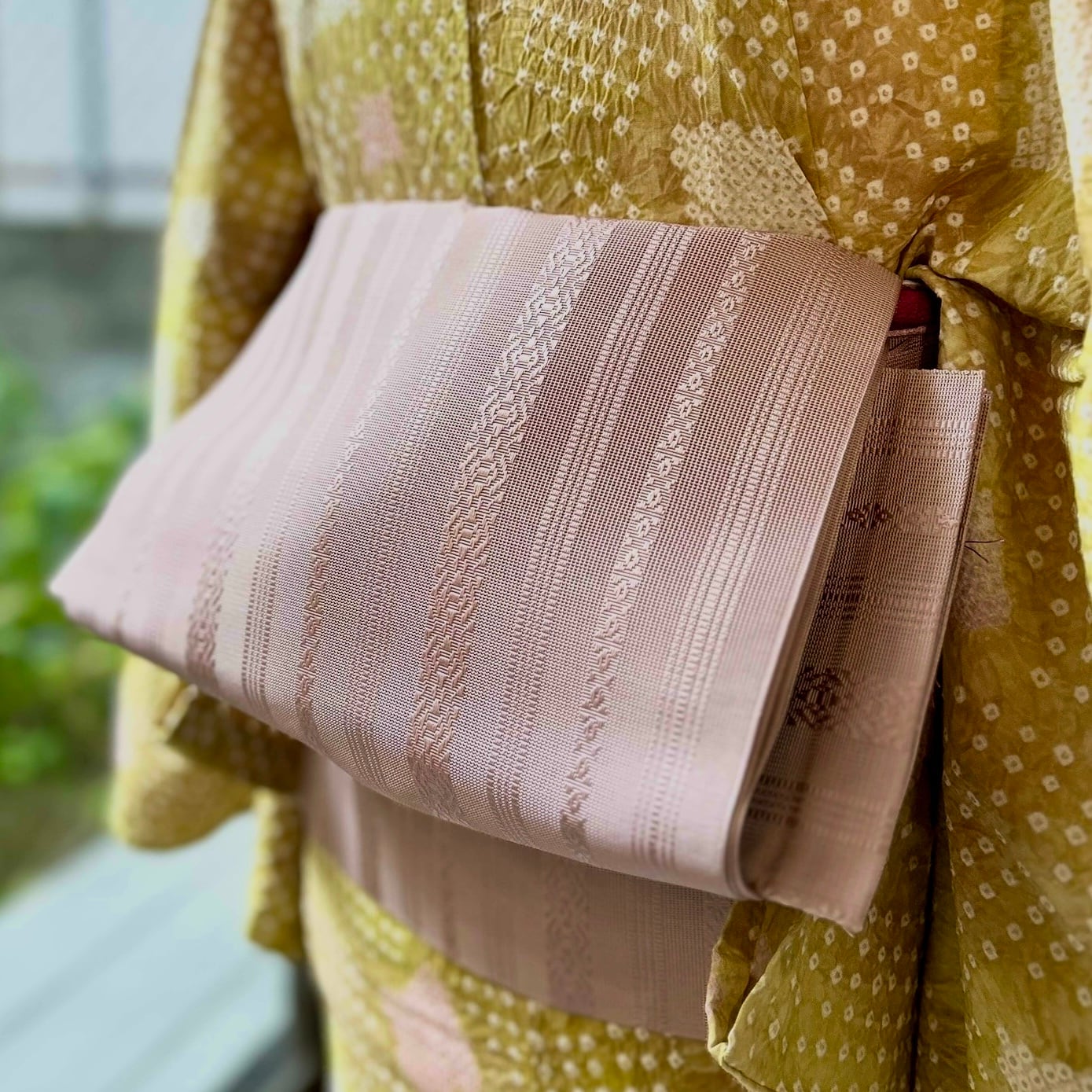 灰桜の空＊夏帯 くすみピンク ピンクグレー 博多織 縞 八寸名古屋帯