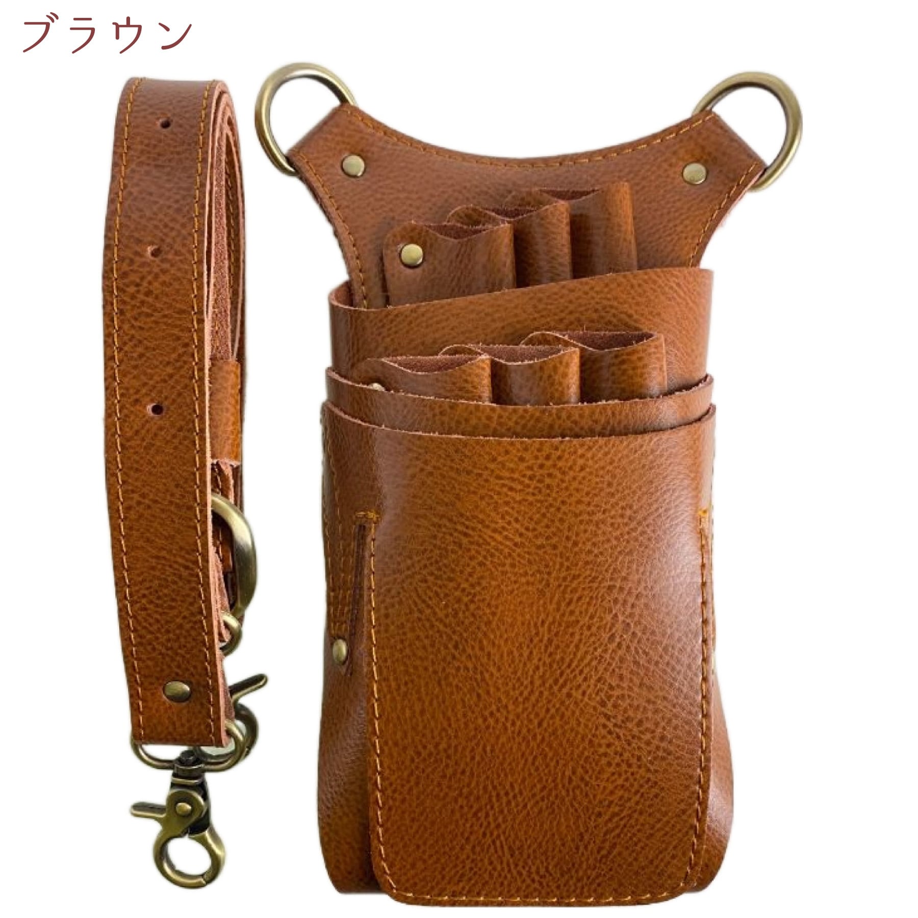 シザーケース ブラウン ハサミ6丁 本体・ベルト本革 美容師 トリマー