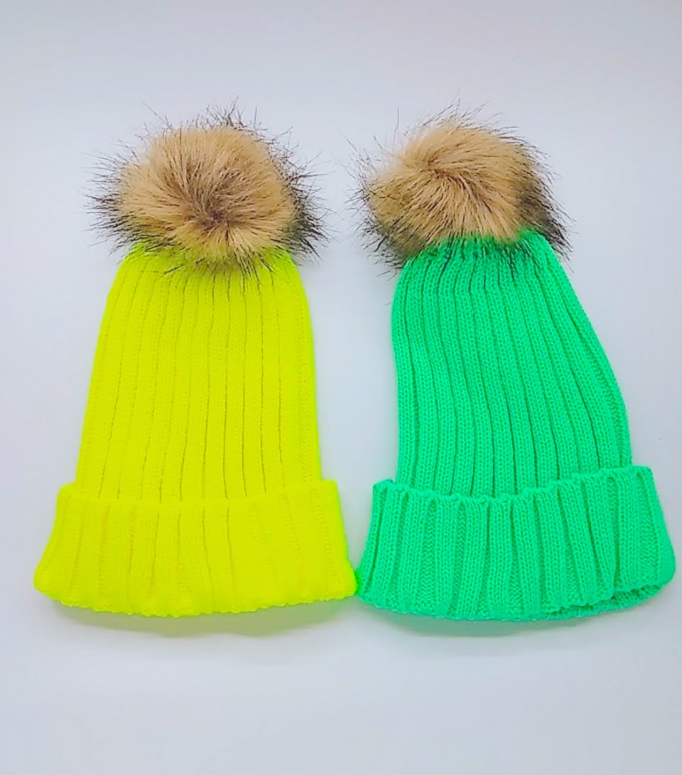 BIGぽんぽんファー付き ネオンカラーリブニット帽 ネオンイエロー
