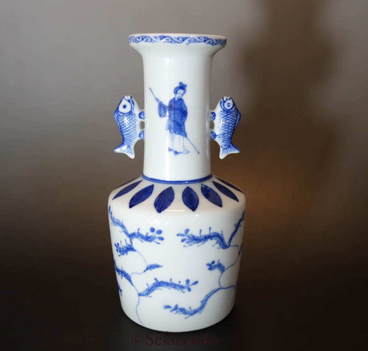 九谷焼 双魚耳付 古染付 高砂手 花生 花器 井上陶源堂 共箱 陶源作